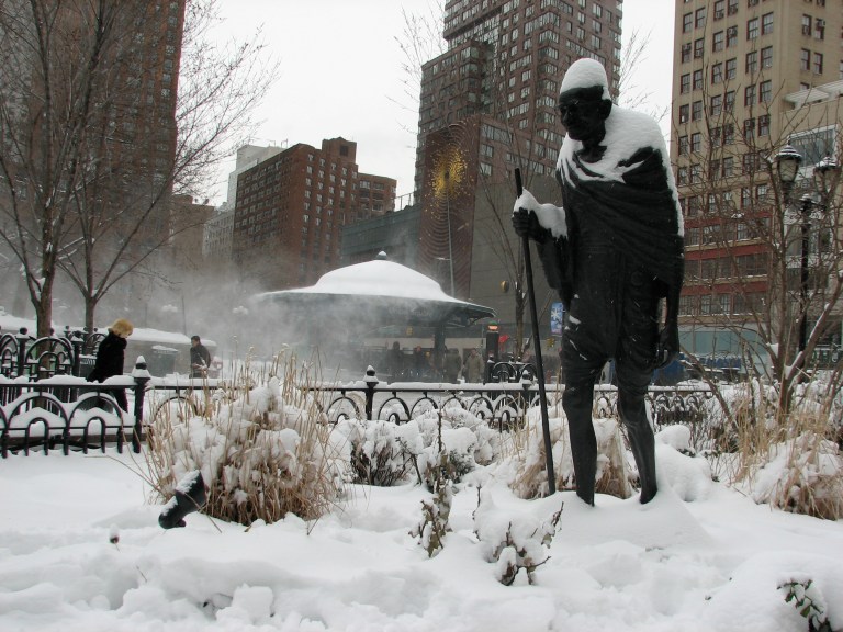 Mahatma Gandhi in deep snowy New York